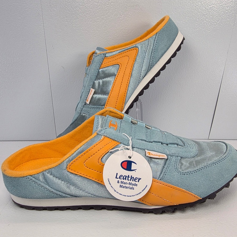 Champion Women's Light Blue Orange Suede Leather Mule Sneakers‎ Sz 8 NWT